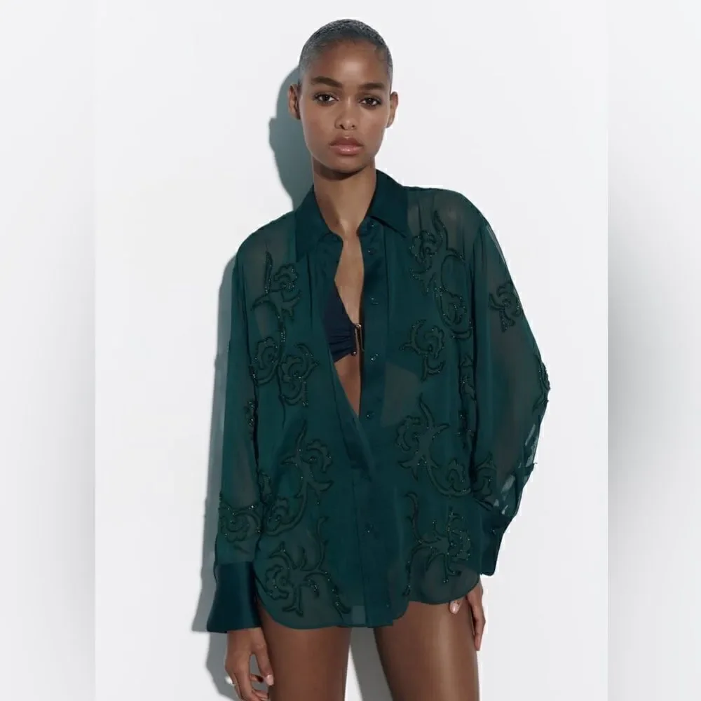 ZARA EMBROIDERED BEADED SEMI-SHEER BLOUSE - Picture 2 of 5